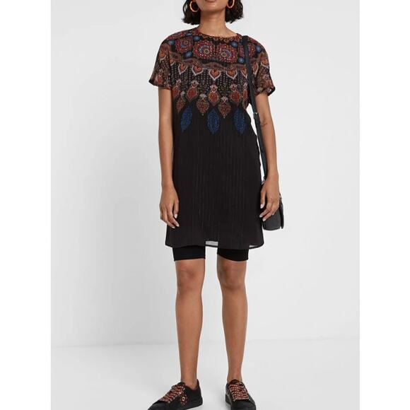 Desigual Mandala Mini Shift Dress Metallic Thread Black Print Boho Sz 42 - Picture 1 of 14